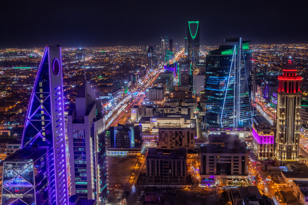 Night panorama of downtown of Riyadh city, Al Riyadh, Saudi Arabia