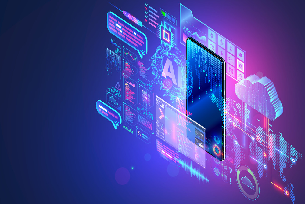 Mobile technology isometric concept. Phone communication with internet services all over world. AI, big data, cloud computing, neural networks in smartphone. Phone app development. Digital technology.