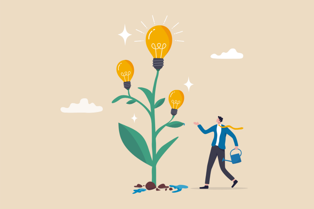 Planting new idea, growing business development, progress or growth strategy, solution, learning, education or creativity concept, smart businessman watering seedling grow high with lightbulb ideas.