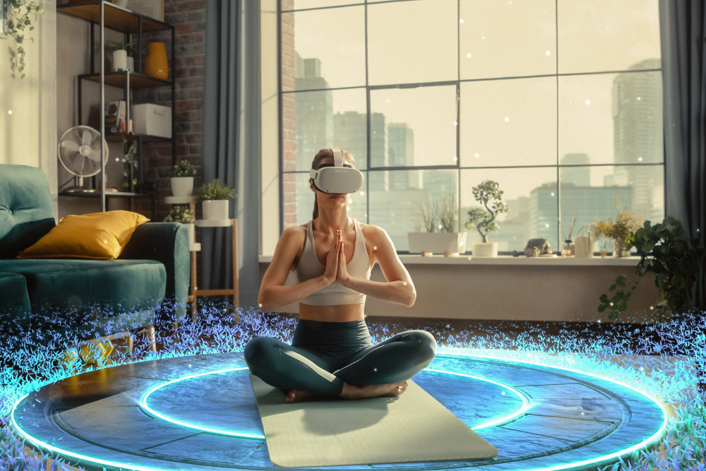 Young Athletic Woman Wearing Virtual Reality Headset, Practising Meditation in Modern Futuristic Way. Her Consciousness is Transformed into Beautiful Peaceful Forest. Online Wellbeing and Mindfulness.