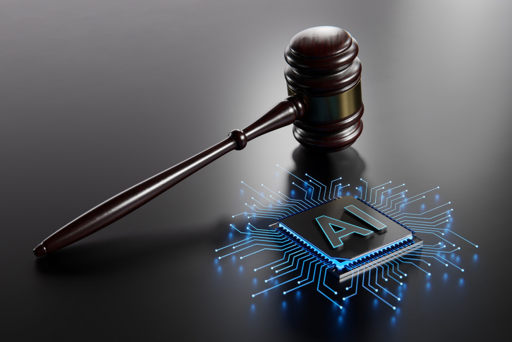 Artificial Intelligence AI and Legal Systems: Judge's Gavel Hammer as a Symbol of Law and Order with Processor CPU AI Chip. 3D Illustration.