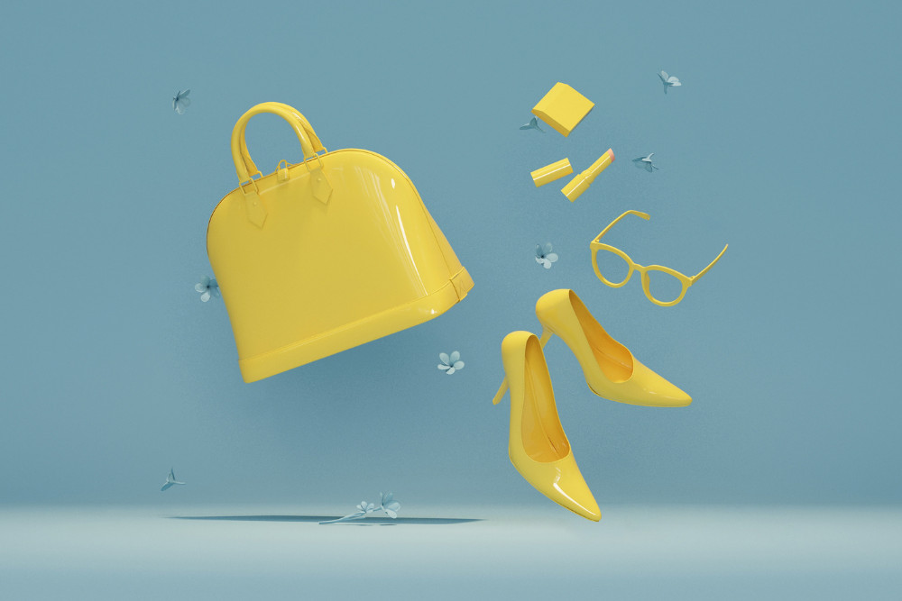 Flying woman's accessories bag, high heels, sunglasses and lipsticks with pastel yellow and blue colours background. 3D rendered concept for shopping and lady.