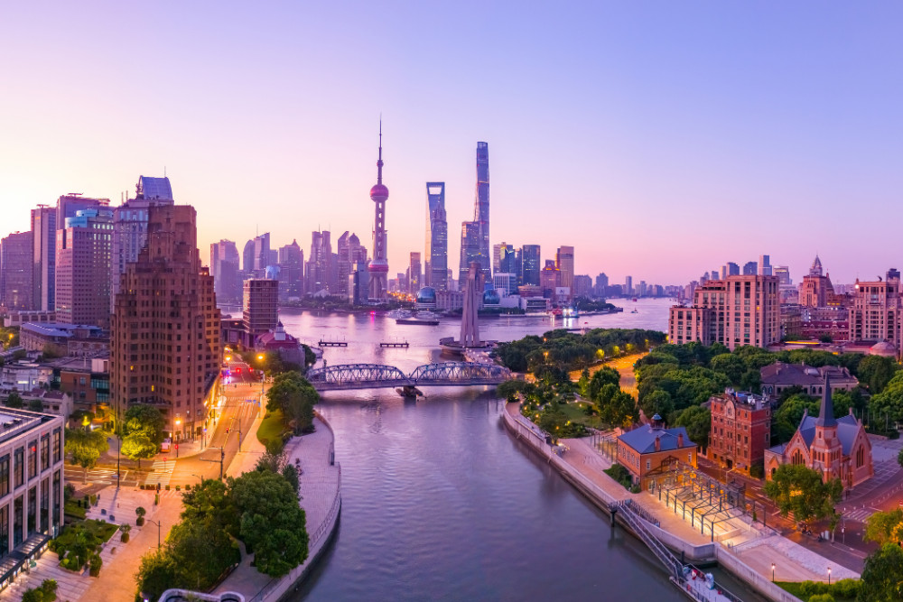Aerial view of Shanghai skyline with Beautiful fire clouds at sunrise