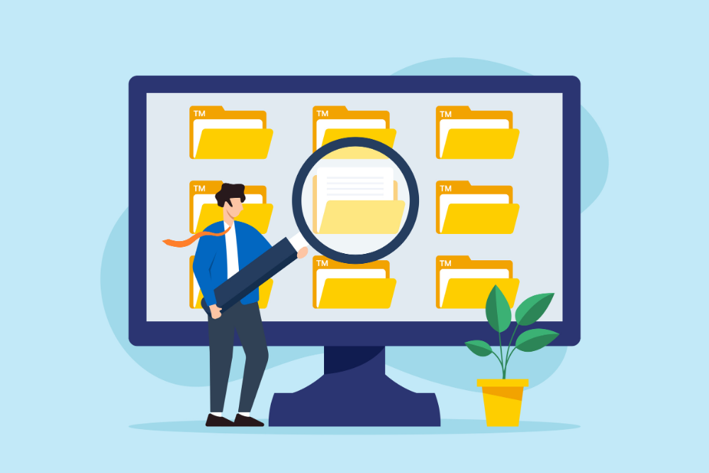 Flat illustration of businessman use magnifying glass to search file on computer screen document archive management. Trade mark files.